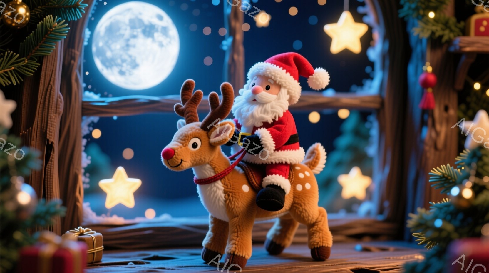 暖炉の周りに飾られたクリスマスの背景で、サンタクロースがそりに引かれたトナカイに乗っています。サンタクロースは赤いスーツと帽子を着用し、白いあごひげと笑顔で、楽しそうに前を見つめています。背景には、雪 - AI生成フリー素材