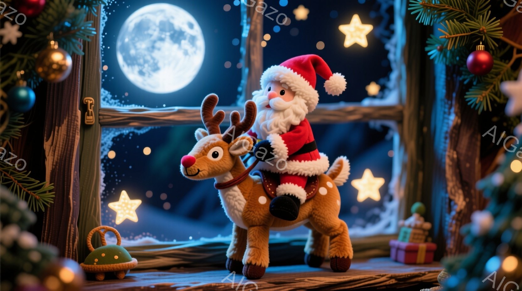 サンタクロースが、茶色のトナカイに乗って、窓枠に飾られています。サンタは赤い帽子とコートを着ており、笑顔で少し上目遣いをしています。背景には満月が輝き、星空が広がり、クリスマスツリーの飾りやプレゼントなどが置かれており、暖かく幻想的なクリスマスの雰囲気が漂っています。
