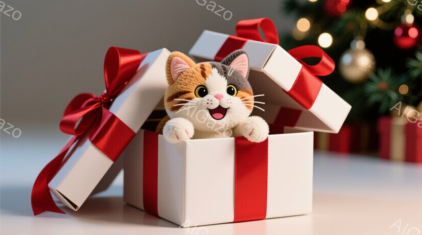 白いギフトボックスの中から、オレンジと白の毛並みをした子猫が顔を出し、嬉しそうに微笑んでいます。子猫は前足をボックスの縁にかけ、好奇心旺盛な表情でこちらを見ています。背景にはぼやけたクリスマスツリーが - AI生成フリー素材