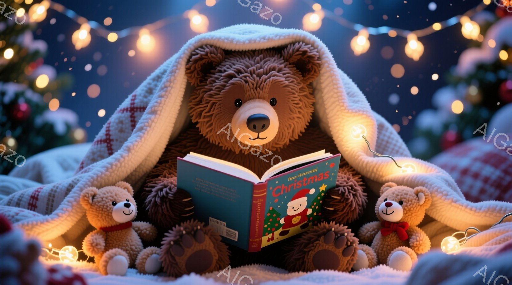 暖炉のそばで、大きな茶色のクマのぬいぐるみがクリスマスの絵本を読んでいます。周りには小さなクマのぬいぐるみたちがおり、赤い縞模様の帽子とスカーフを身に着けています。背景にはキラキラと輝くクリスマスツリ - AI生成フリー素材