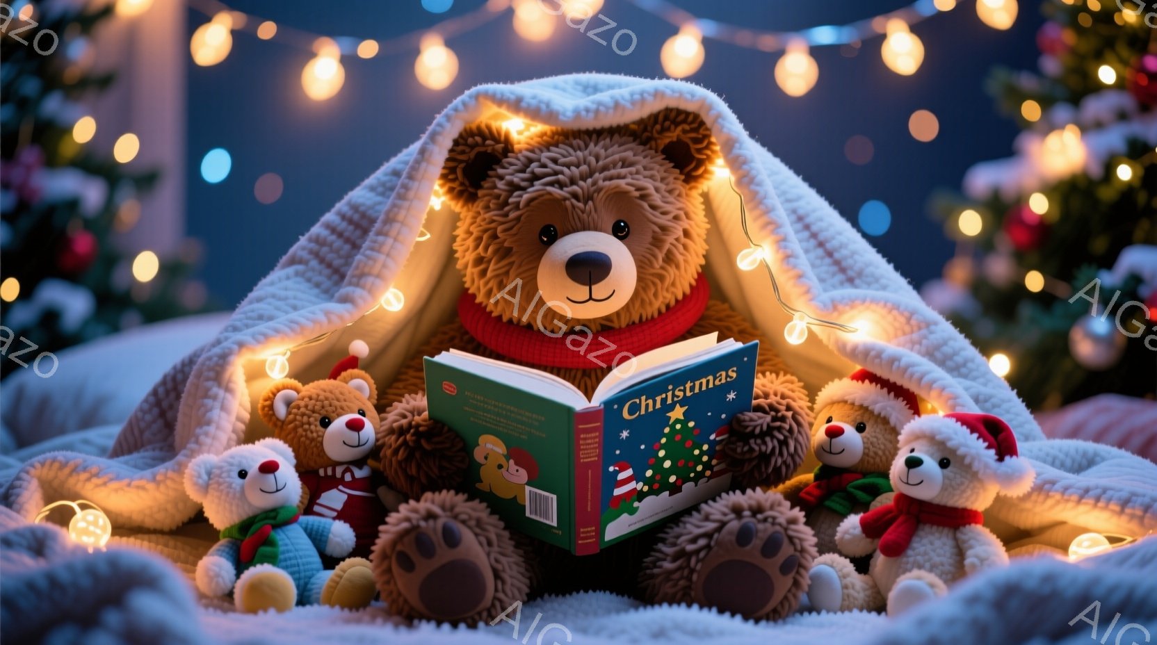 温かい毛布にくるまれた大きなテディベアが、クリスマスの絵本を読み聞かせている様子が描かれています。周りには小さなテディベアたちが集まり、赤いセーターを着て本に夢中になっている姿は、クリスマスの温かく、幸せな雰囲気を表現しています。背景にはぼんやりとクリスマスツリーの光が灯り、心安らぐ空間を作り出しています。
