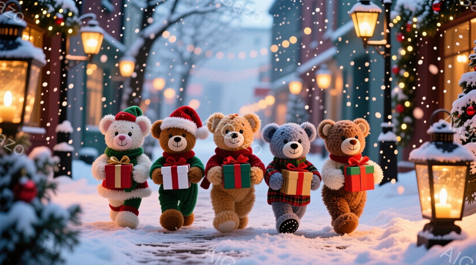 雪が降り積もる冬の街並みを、プレゼントを手にした5匹のテディベアが歩いています。それぞれ緑、赤、茶色の服を着ており、表情は皆笑顔で、楽しげな雰囲気を醸し出しています。背景には、明かりが灯った街路樹や建 - AI生成フリー素材