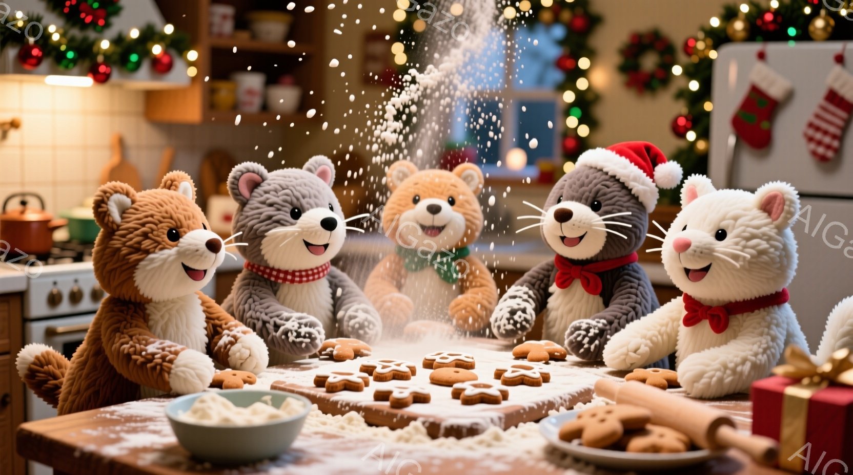暖炉のあるキッチンで、クリスマスのクッキー作りに夢中になっている、ふわふわの動物たちのぬいぐるみたちが描かれています。彼らはそれぞれ赤いリボンやサンタ帽を身につけ、小麦粉をまぶした生地を可愛らしく型抜きしています。背景にはクリスマスツリーやストッキングが飾られ、暖かく、お祝いムード満点の雰囲気です。