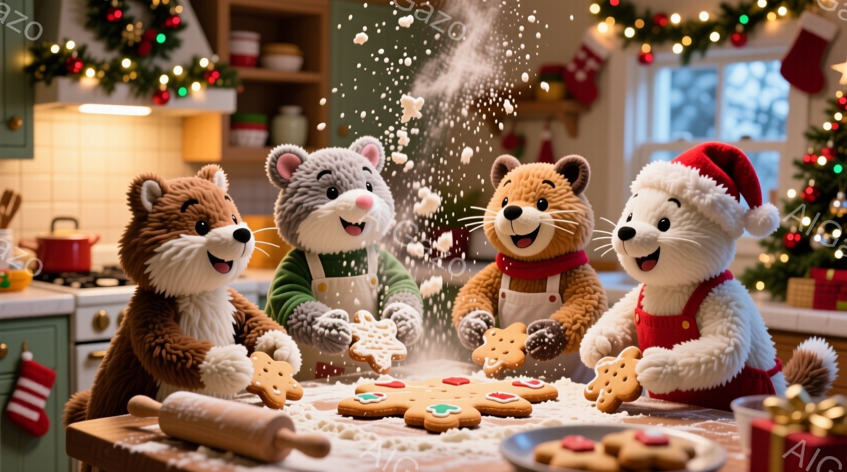 暖炉のあるキッチンで、動物たちがクリスマスのお菓子作りを楽しんでいます。茶色のクマ、灰色のネコ、茶色のリス、白いクマはそれぞれエプロンを着ており、顔には笑顔が浮かんでいます。背景にはクリスマスツリーやオーナメントが飾られ、粉砂糖が舞う中で、温かく幸せなクリスマスの雰囲気が漂っています。