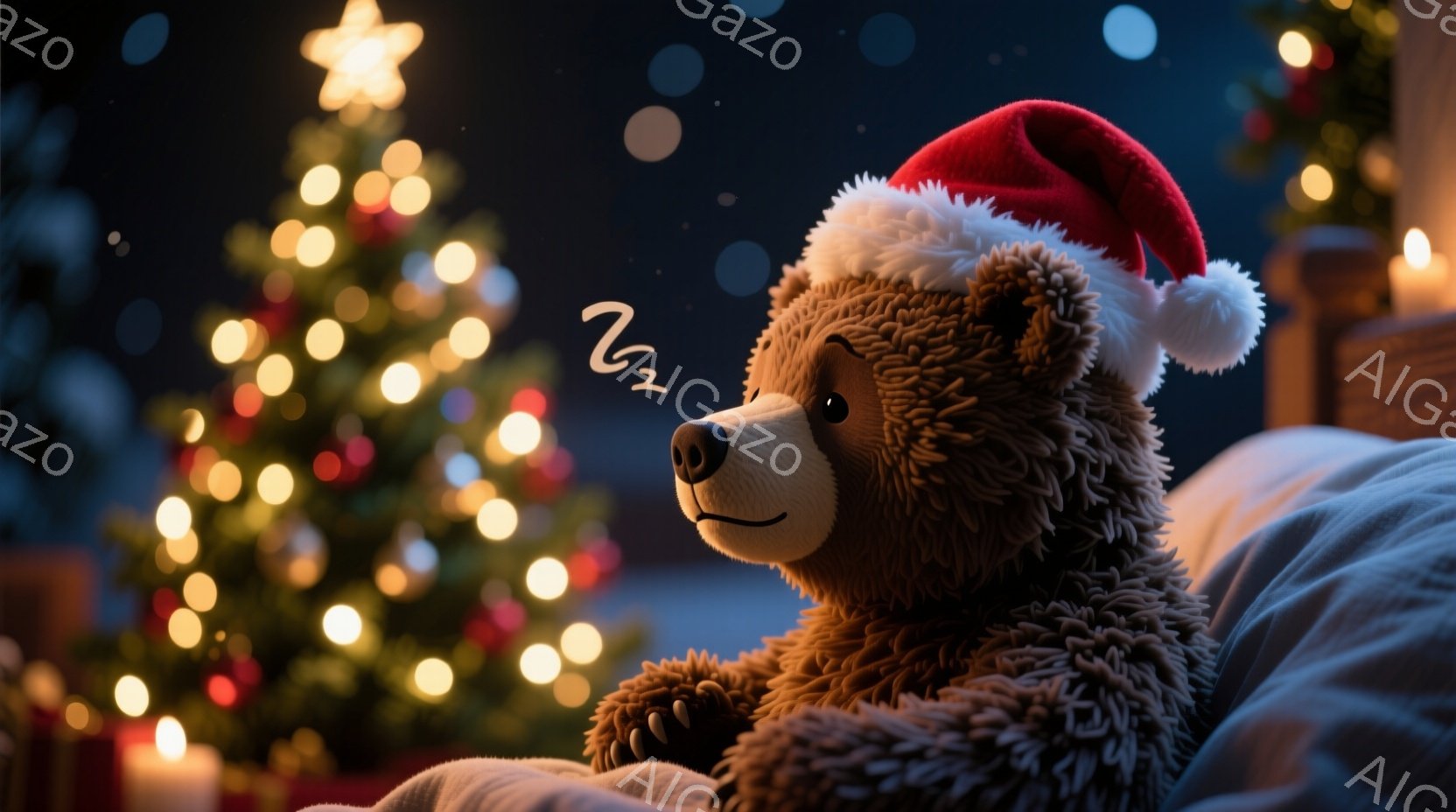 柔らかい茶色のテディベアが、赤いサンタ帽をかぶってベッドに横たわっています。ベアは目を閉じ、穏やかな表情でリラックスした様子です。背景には、キラキラと輝くクリスマスツリーや、ぼんやりとしたプレゼントが見え、暖かく、心地よいクリスマスの夜の雰囲気が漂っています。