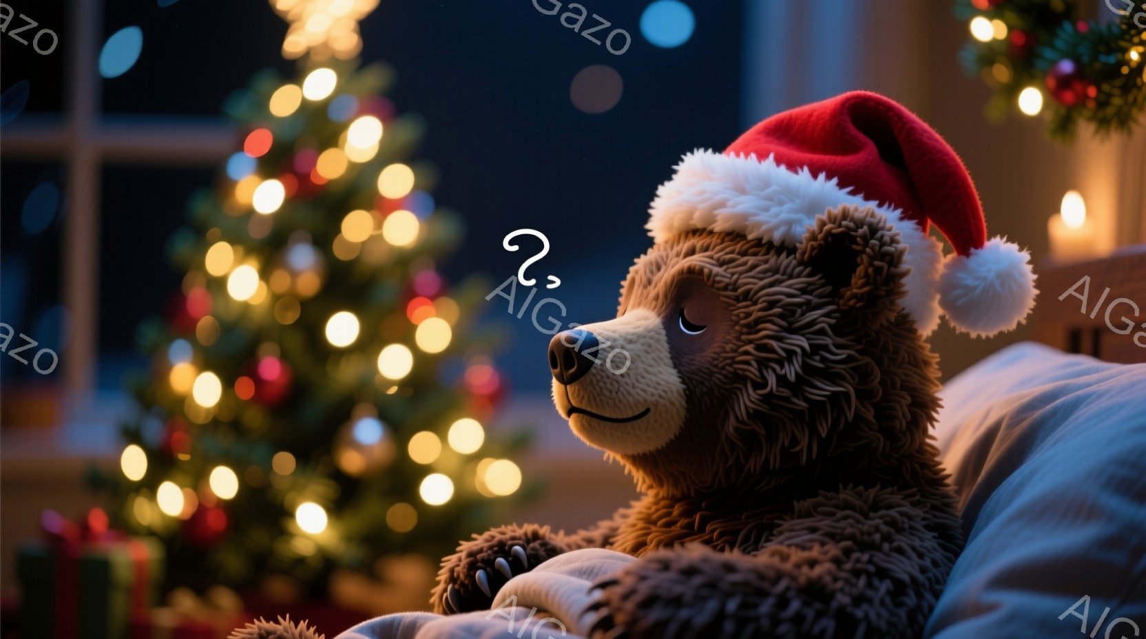 温かい光に包まれた部屋で、テディベアがクリスマスツリーを背景に横たわっています。赤いサンタ帽をかぶり、目を閉じて穏やかな表情を浮かべており、リラックスした雰囲気を醸し出しています。背景には、キラキラと - AI生成フリー素材