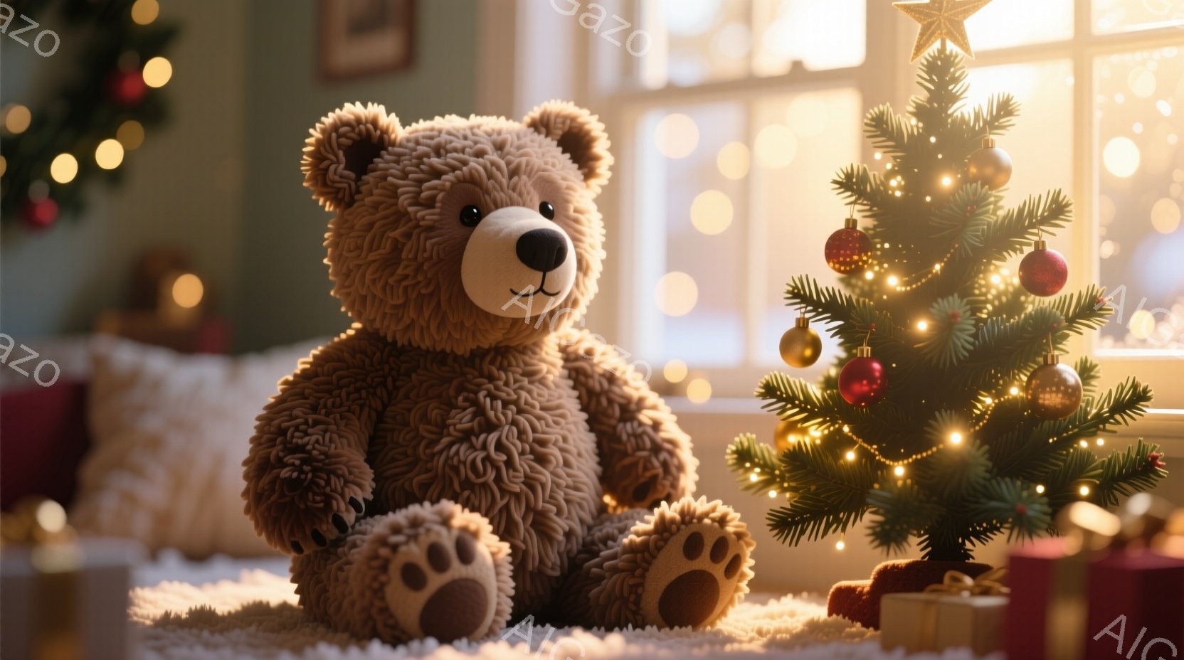温かみのある茶色のテディベアが、ふかふかの白い敷物の上に座っています。背景には、飾り付けられた小さなクリスマスツリーと、ぼやけたプレゼント箱が見え、温かい光が部屋全体を包み込んでいます。クリスマスの穏 - AI生成フリー素材