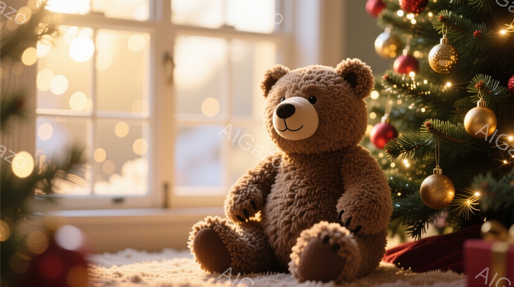 柔らかい毛並みのテディベアが、白い毛布の上に座ってこちらを見つめています。背景には、オーナメントで飾られたクリスマスツリーと、ぼやけた窓からの光があり、温かく穏やかな雰囲気が漂っています。赤いギフトボ - AI生成フリー素材