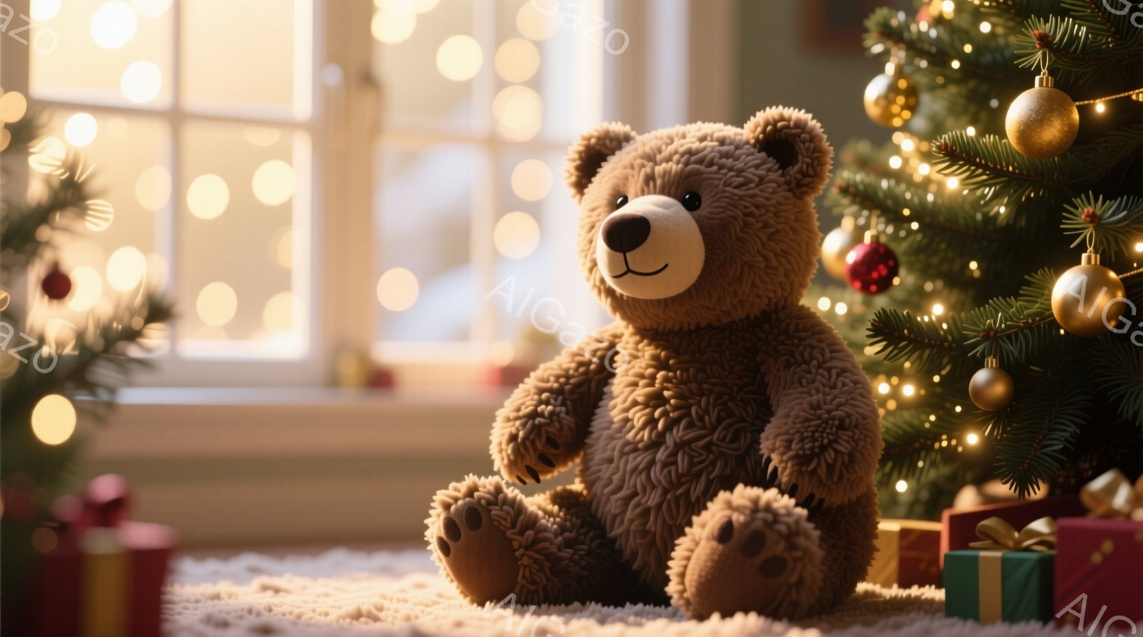 柔らかい茶色のテディベアが、クリスマスツリーのそばの床に座っています。背景にはぼやけた窓と、色とりどりの包装紙で飾られたプレゼントの箱が見え、温かく穏やかな雰囲気が漂っています。ツリーは金色のオーナメ - AI生成フリー素材