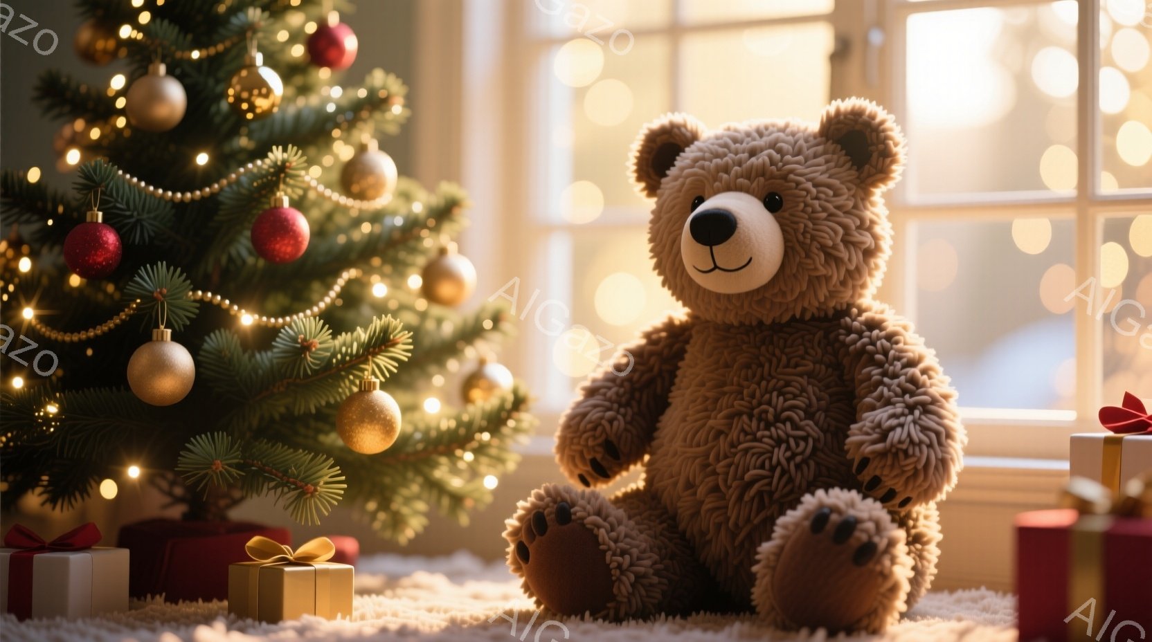暖炉のそばに置かれたクリスマスツリーの前で、ふわふわの茶色のテディベアが座っています。テディベアは前足で大きな足を見せ、穏やかな表情をしています。背景には、プレゼントがいくつか置かれ、ぼやけた光が暖か - AI生成フリー素材