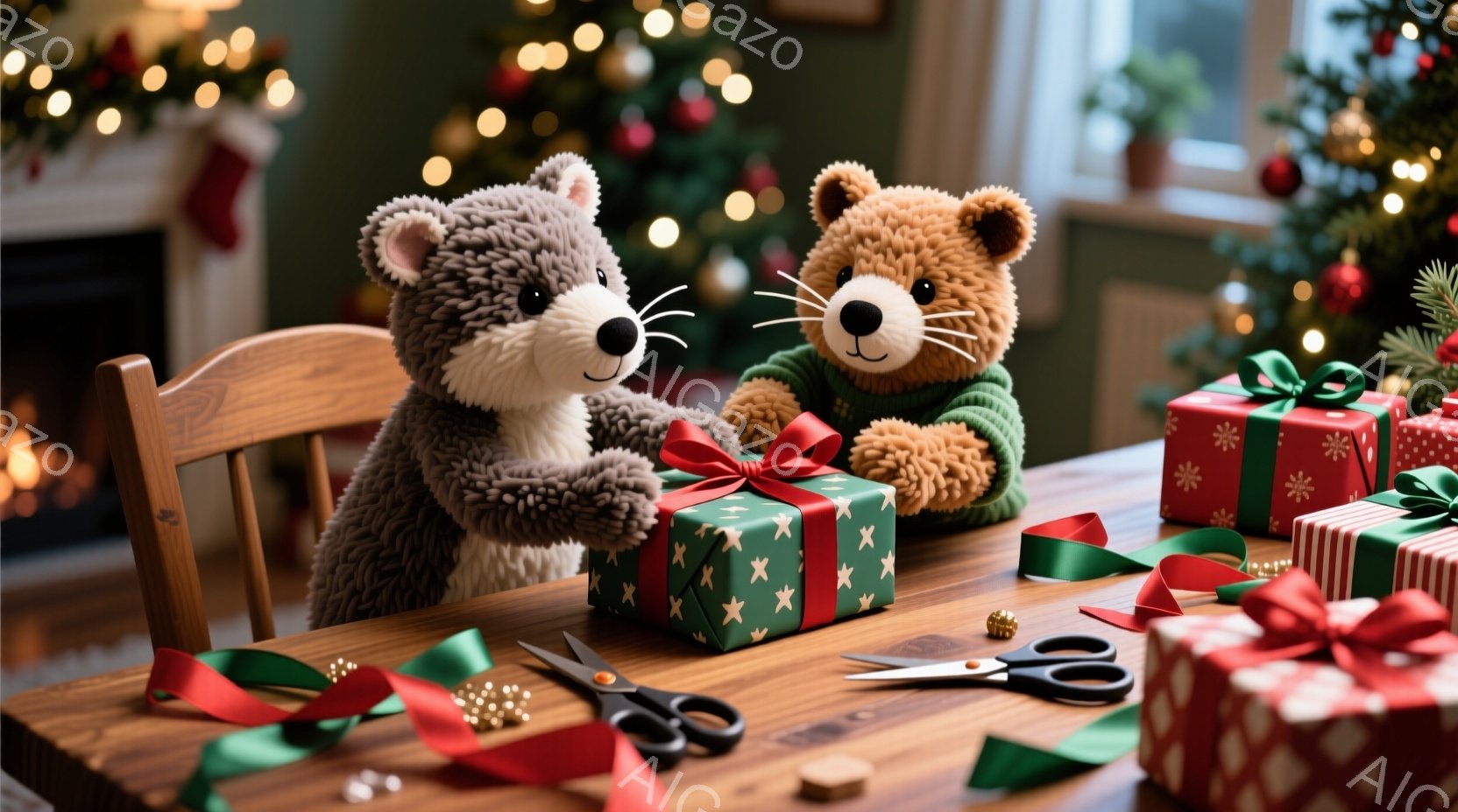 2匹のテディベアがクリスマスプレゼントをラッピングする様子が描かれています。一匹はグレーでセーターを着ており、もう一匹は茶色で緑色のセーターを着ています。背景にはクリスマスツリーや飾り付けが見え、暖か - AI生成フリー素材