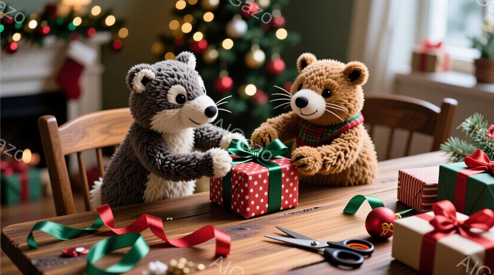 暖炉とクリスマスツリーが背景に見える木のテーブルの上で、灰色の毛並みのテディベアと茶色のテディベアがプレゼントのラッピングを行っています。灰色のテディベアは赤い水玉模様のプレゼントに緑のリボンを結び、茶色のテディベアは少し微笑んでいます。テーブルの上には、さらにいくつかのラッピングされたプレゼント、リボン、ハサミ、飾りなどが散らばっており、温かくお祝いの雰囲気です。
