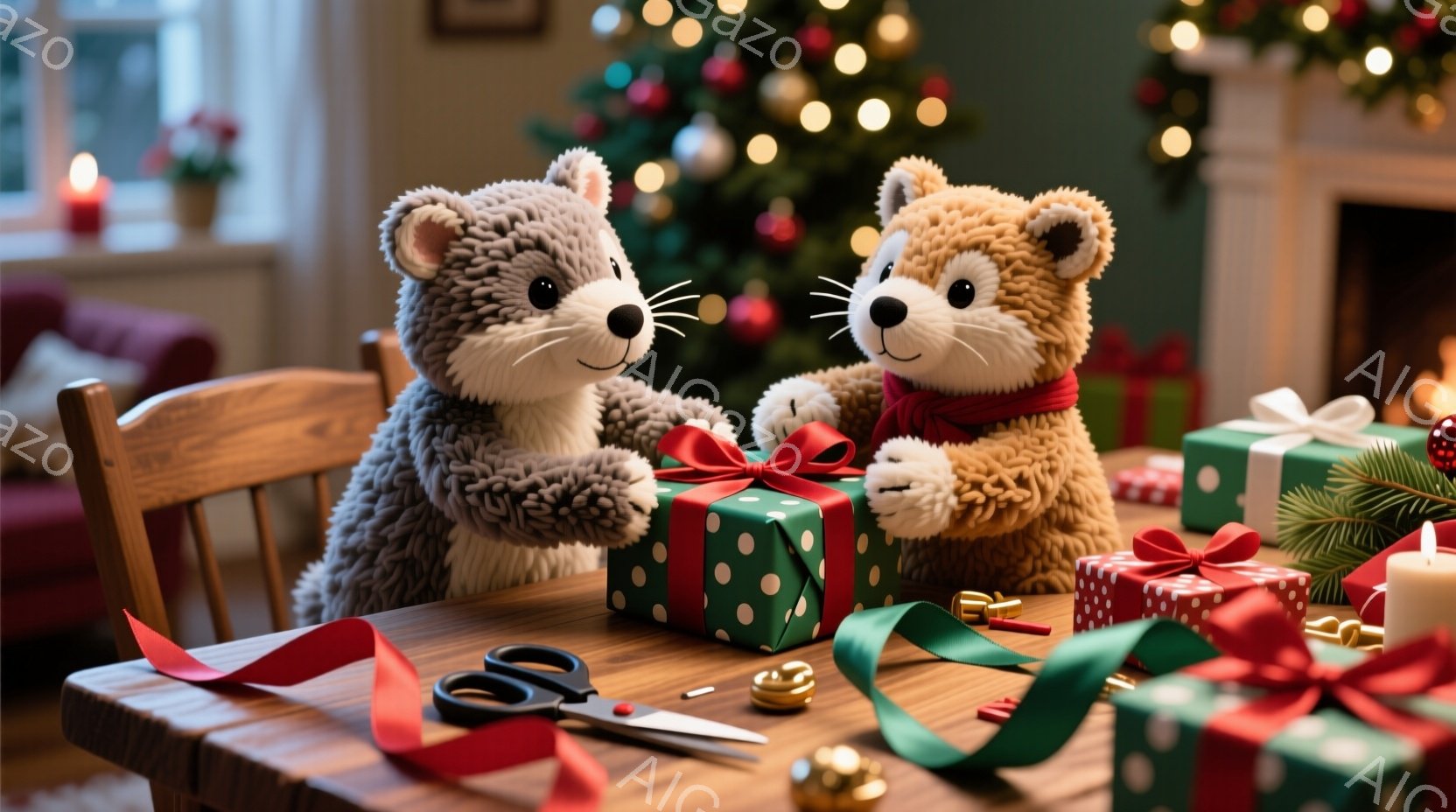 暖炉のある暖かい室内で、2匹のテディベアがプレゼントを飾り付けている様子が描かれています。一匹は灰色で、もう一匹は茶色をしており、共に赤いリボンを身につけています。背景にはクリスマスツリーが光り輝き、 - AI生成フリー素材