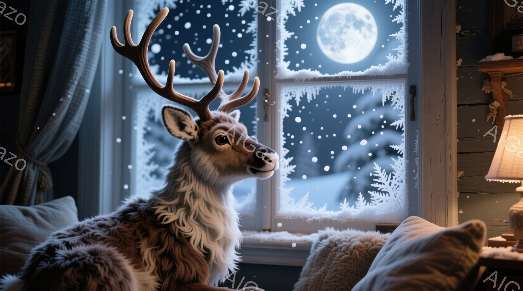 白い毛並みのトナカイが、窓の外の雪景色を眺めています。窓からは月明かりが差し込み、雪の結晶が描かれた窓枠が幻想的な雰囲気を醸し出しています。室内は暖かく、枕やクッションが置かれ、リラックスできる空間が演出されています。