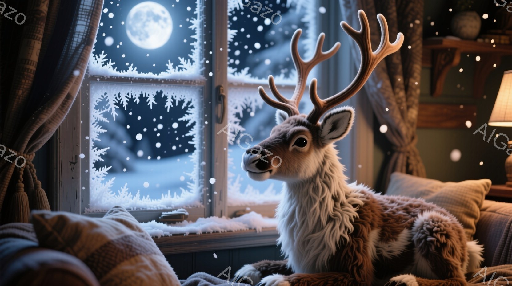 暖炉のある部屋のソファに、大きな角を持つアラスカのトナカイが横たわっています。外は雪が降り、窓には霜の花が描かれ、月明かりが差し込んできます。部屋は暖かく、落ち着いた雰囲気で、冬の夜の静けさを感じさせます。