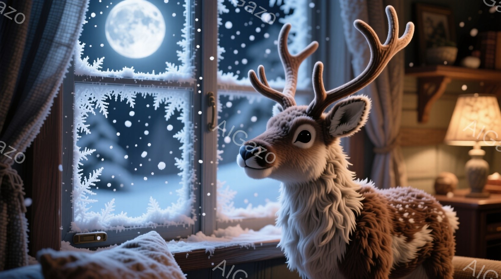 窓辺に置かれた愛らしいトナカイの人形が、雪景色を眺めています。背景には暖炉の灯りと、部屋の家具が見え、穏やかで温かい雰囲気が漂っています。外は雪が降り積もり、月が輝く幻想的な冬の夜景が広がっています。 - AI生成フリー素材