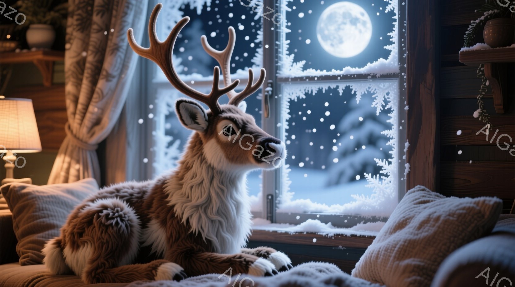 暖炉のある部屋で、大きな角を持つ愛らしいトナカイがソファに横たわっています。雪が降る夜の風景が見える窓辺で、トナカイはリラックスした表情で外を見つめており、部屋全体は温かく穏やかな雰囲気に包まれていま - AI生成フリー素材