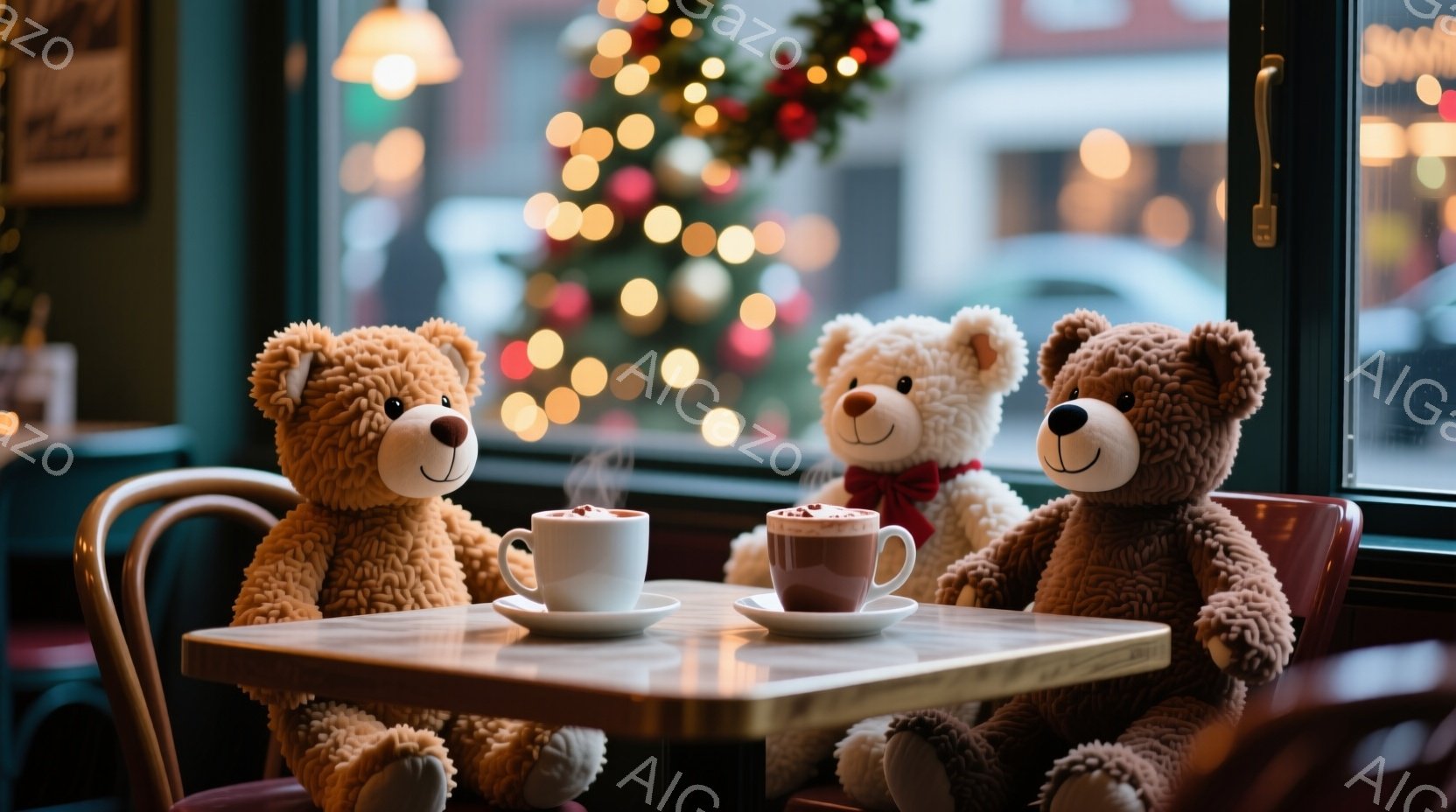 窓際のテーブルで、三匹のテディベアがホットチョコレートを楽しんでいます。中央のベアは赤いリボンで首元を飾り、他の二匹は装飾がありません。背景にはクリスマスツリーの輝くライトがぼやけて見え、暖かく居心地 - AI生成フリー素材