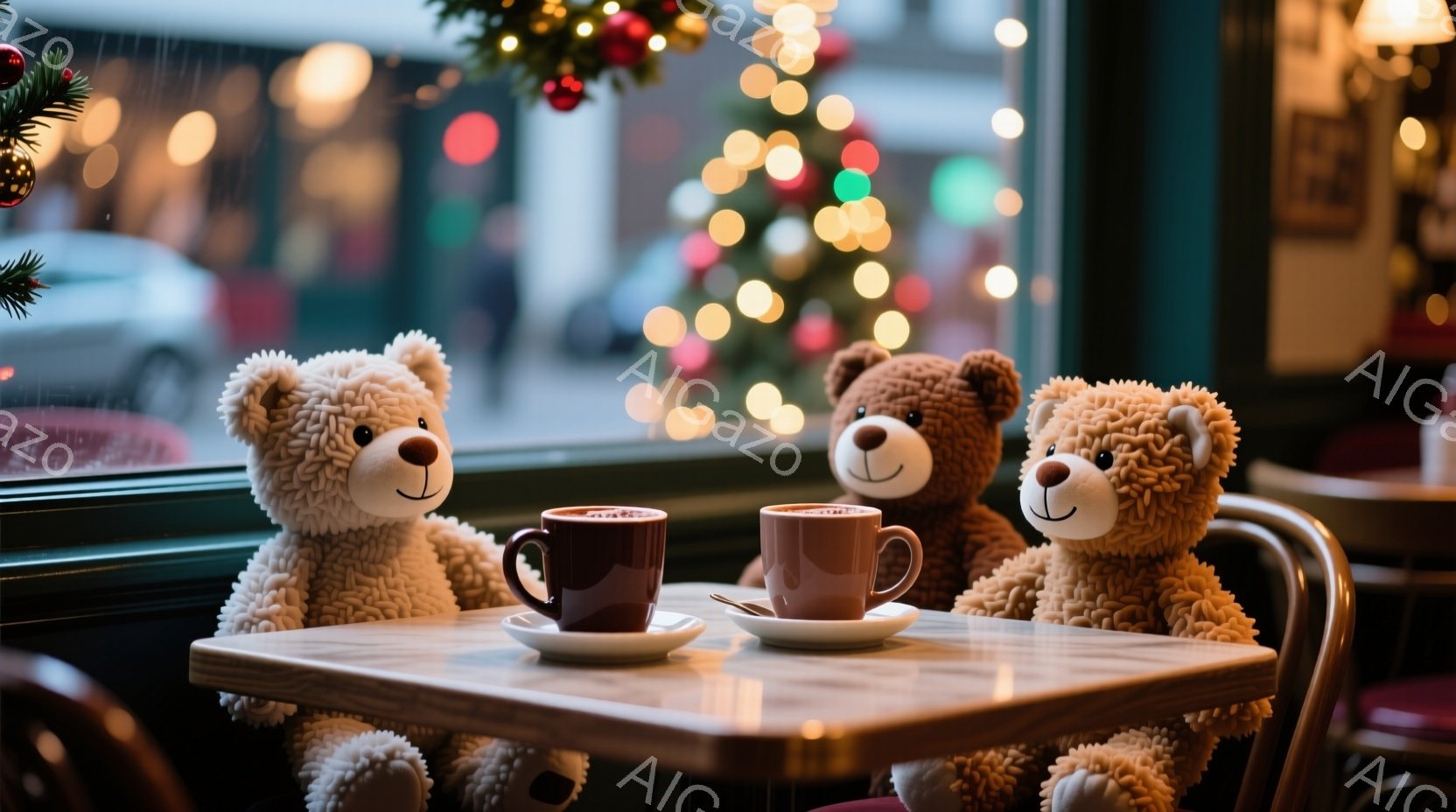 窓際のテーブルで、二匹のテディベアが向かい合って座り、それぞれカップに入った飲み物を楽しんでいます。背景にはぼやけたクリスマスツリーや街の明かりが見え、雨の日の暖かく居心地の良い雰囲気が漂っています。ベアたちは可愛らしい表情で、まるで人間のようにリラックスした時間を過ごしているかのようです。