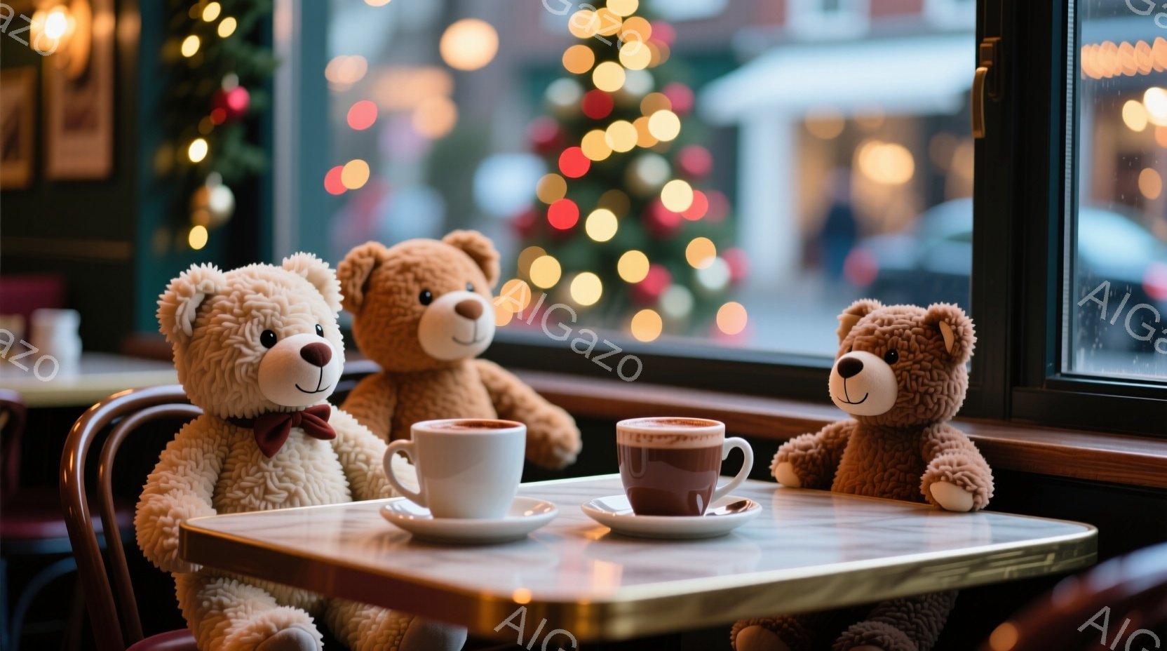 窓際のテーブルに、可愛らしいテディベアが二体並んで座っており、その間には熱い飲み物が入ったカップが置かれています。一つは赤いリボンタイを付けたベージュ色のクマで、もう一つは茶色のクマです。背景にはぼや - AI生成フリー素材