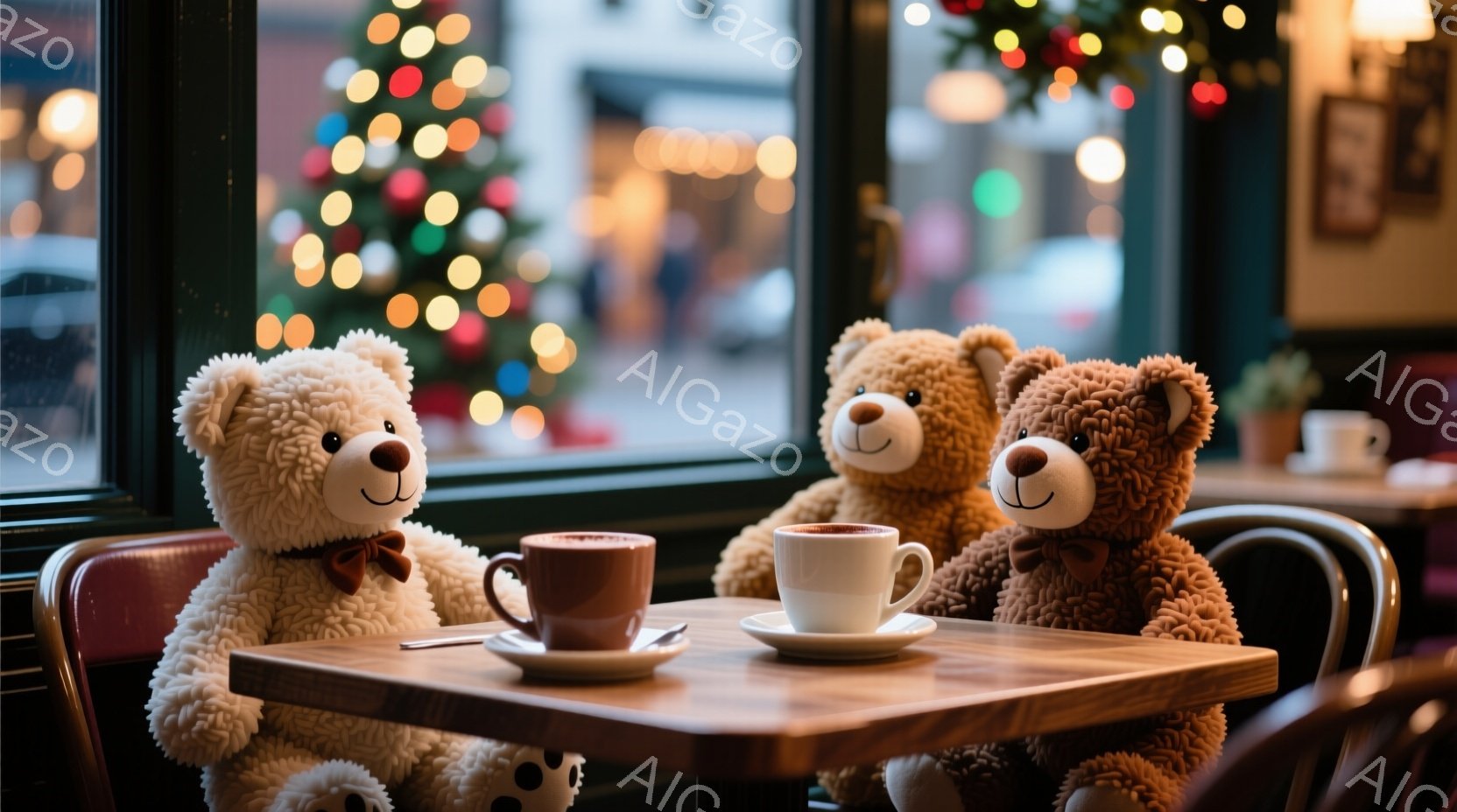 窓際のテーブルに座った2匹のテディベアが描かれています。一匹はクリーム色のふわふわの毛並みで赤いリボンを首に巻いており、もう一匹は茶色の毛並みで、同様にリボンをつけています。背景にはクリスマスツリーが - AI生成フリー素材