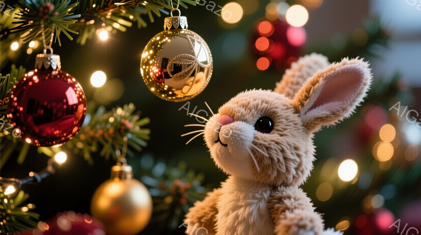 ふわふわのベージュ色のウサギのぬいぐるみは、クリスマスツリーの枝に寄りかかっています。ウサギはつぶらな瞳でこちらを見つめ、愛らしい表情をしています。背景には緑のツリーの葉と、赤や金色のオーナメントがぼ - AI生成フリー素材
