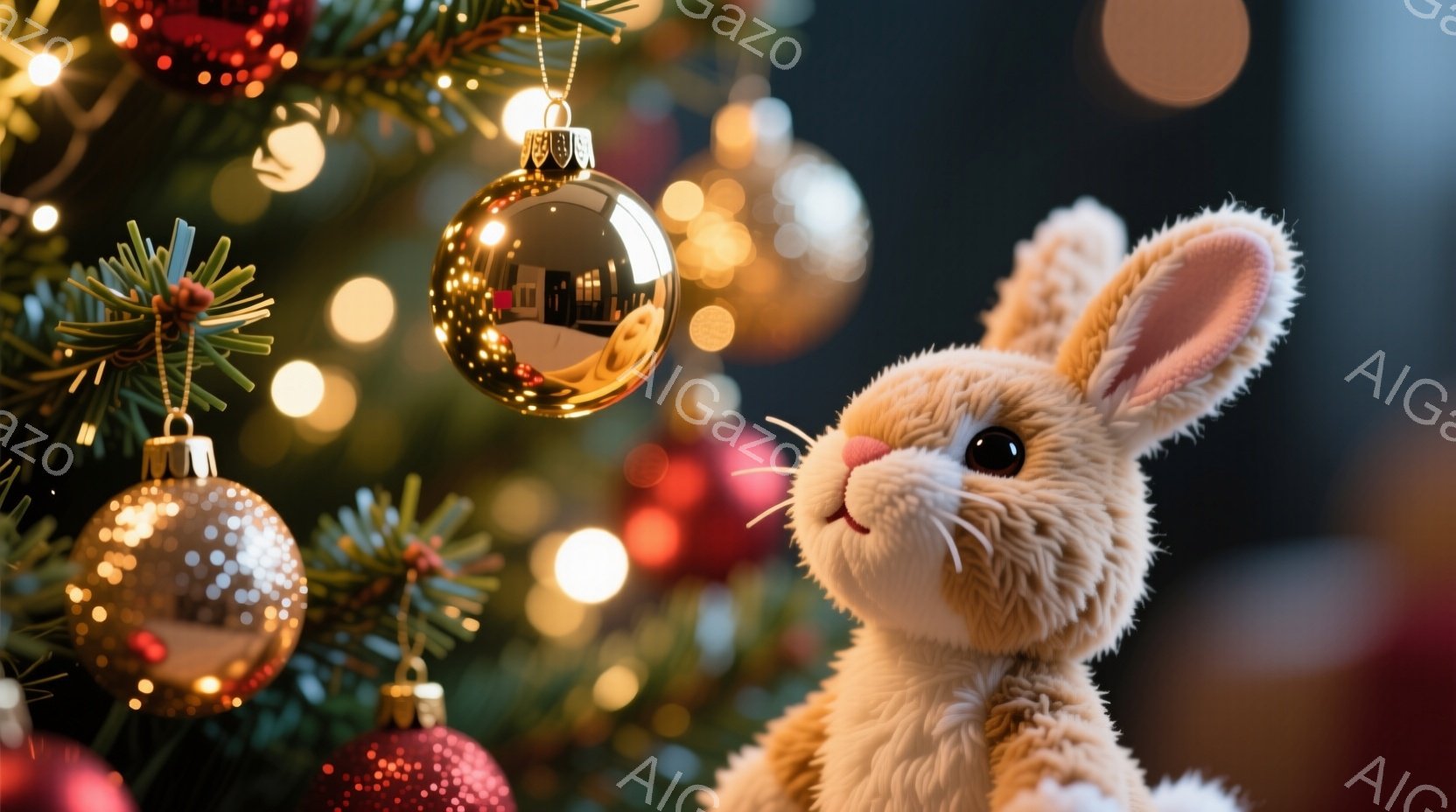 ふわふわのベージュ色のウサギのぬいぐるみは、クリスマスの飾りがたくさんついたクリスマスツリーのそばに座っています。ウサギは片耳をピンと立てており、つぶらな瞳でこちらを見つめていて、優しい表情をしています。背景には、キラキラと光るクリスマスツリーのオーナメントやイルミネーションがあり、暖かく穏やかなクリスマスの雰囲気を醸し出しています。