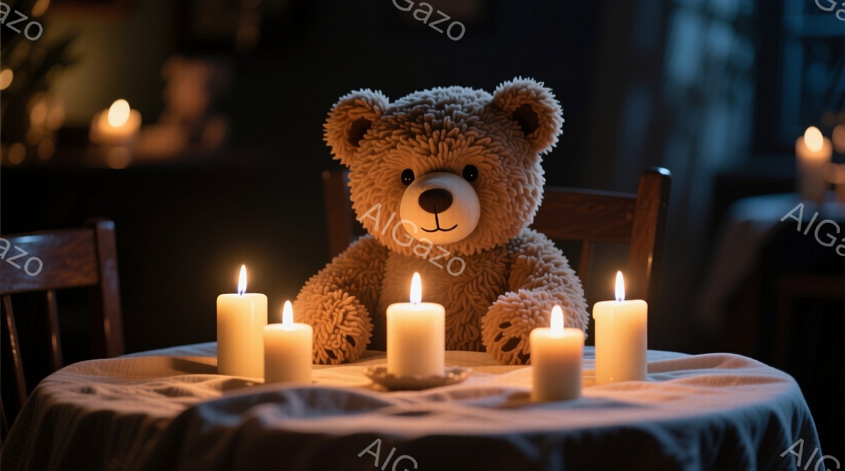柔らかい毛並みのテディベアが、テーブルに座って白いキャンドルに囲まれています。テーブルは白い布で覆われ、背景にはぼやけた人物と暗い部屋の様子が見えます。全体的に、暖かく、静かで、少しミステリアスな雰囲気が漂っています。
