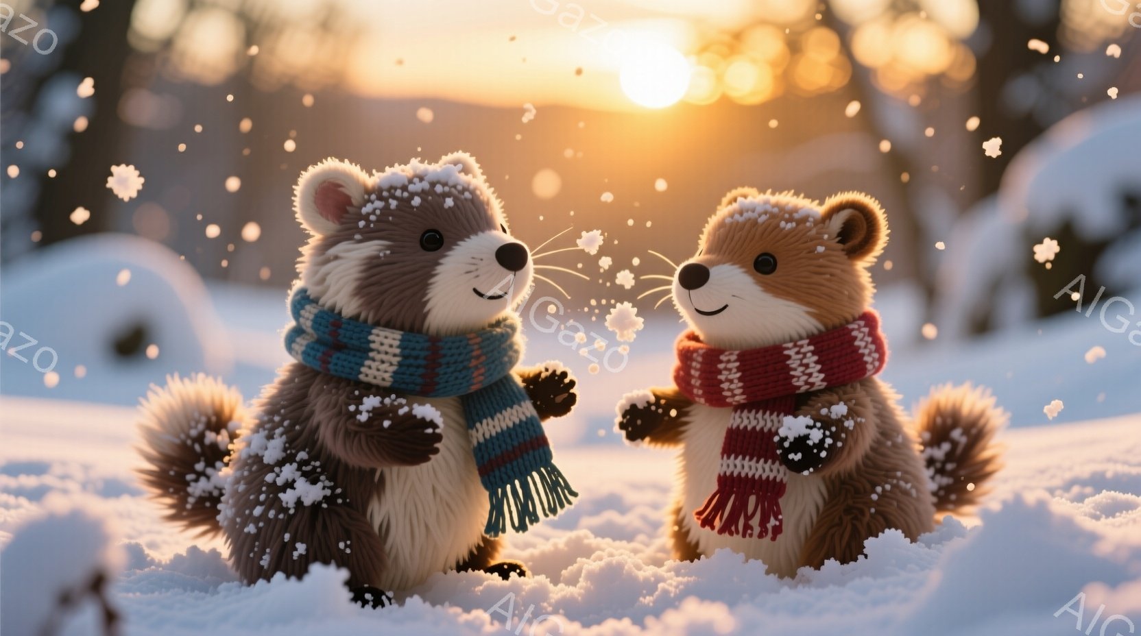 ふわふわの毛並みを持つ二匹の動物が雪景色の中で寄り添い合っています。それぞれ青と赤のストライプ模様のスカーフを巻き、穏やかな表情で互いを見つめています。背景には木々がぼんやりと見え、夕焼けのような暖かな光が雪に反射し、全体的に優しい雰囲気を醸し出しています。