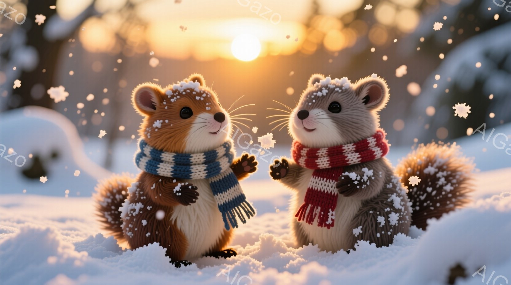 ふわふわの茶色のリスが2匹、雪景色の中で寄り添って立っています。それぞれのリスは、青と白のボーダー柄、または赤と白のボーダー柄の暖かいマフラーを巻いており、愛らしい表情をしています。背景は夕焼けに染まる雪原で、降り積もる雪と暖かな光が冬の穏やかな雰囲気を醸し出しています。