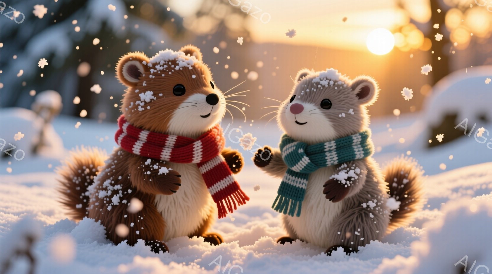 ふわふわの茶色のリスが2匹、雪景色の中で寄り添っています。片方のリスは赤いストライプの巻き物、もう片方のリスは青いストライプの巻き物を巻いており、雪が少し積もった頭と鼻が可愛らしいです。背景にはぼやけた木々と夕焼けのような暖かい光が広がり、冬の温かく穏やかな雰囲気を醸し出しています。