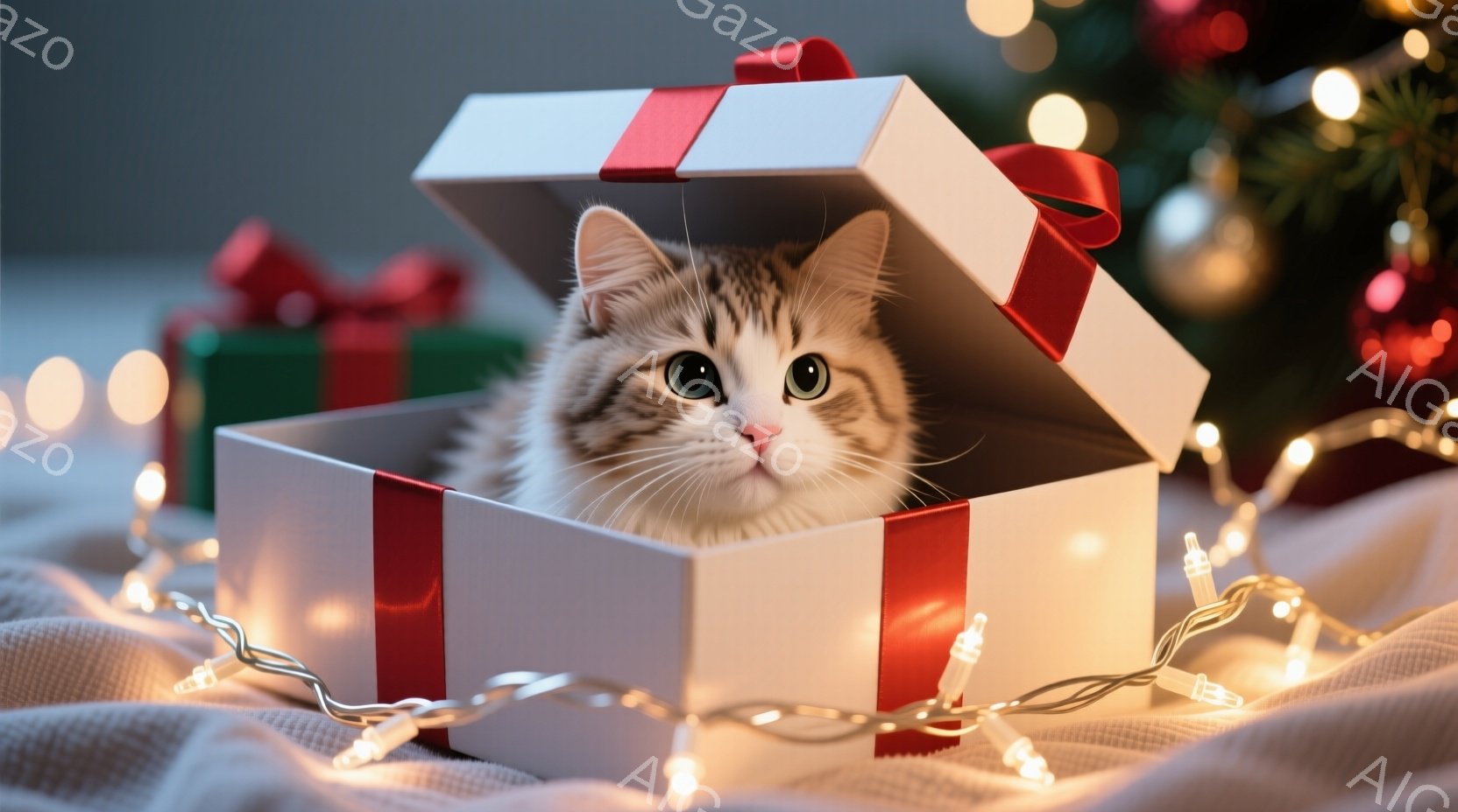 白地に赤いリボンが巻かれたギフトボックスの中に、縞模様の猫が丸まって座っています。猫は少し困ったような表情で、こちらを見ています。背景にはぼやけたクリスマスツリーと、温かい光を放つ電飾があり、クリスマ - AI生成フリー素材