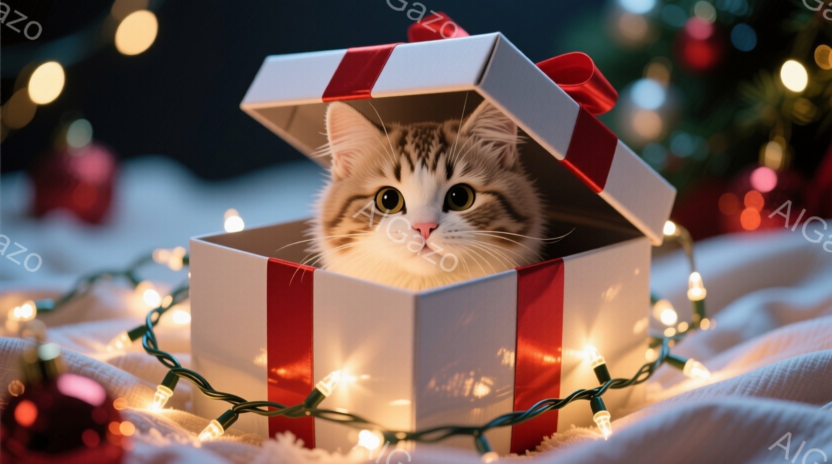 白いギフトボックスの中に、縞模様の茶色の猫が可愛らしく座っています。猫は興味津々とした表情でカメラを見つめており、ボックスの赤いリボンがアクセントになっています。背景にはぼやけたクリスマスツリーと、暖色系のイルミネーションが広がり、温かくお祝いムードを演出しています。