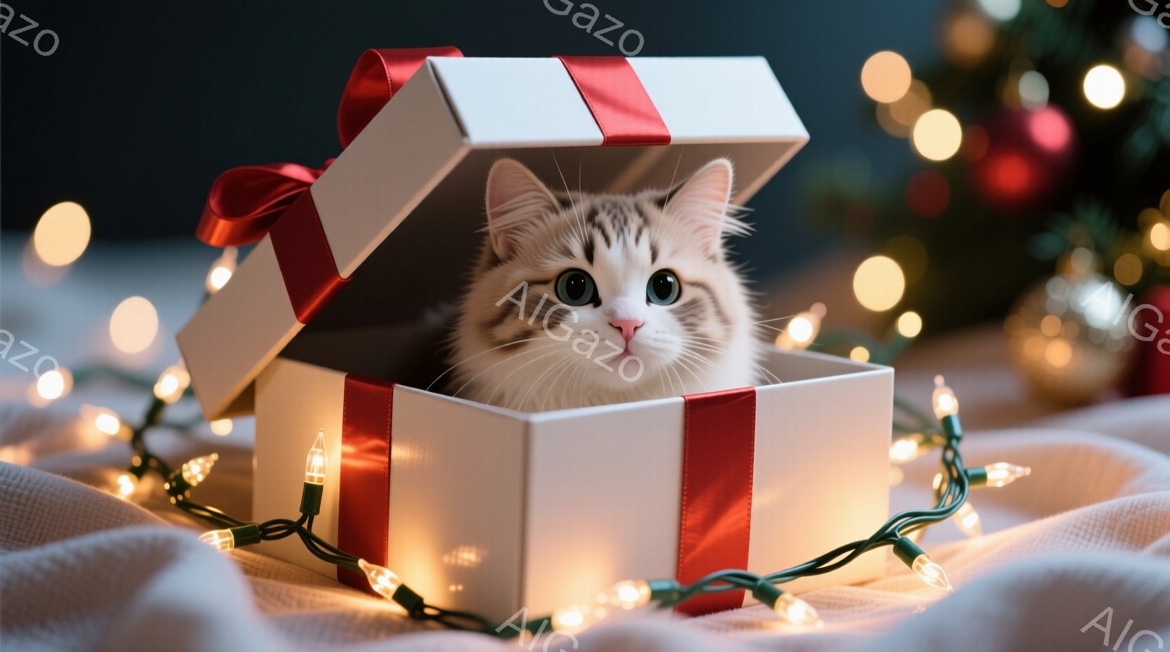 白地に赤いリボンのかかったギフトボックスの中に、縞模様の猫が丸まって座っています。猫は好奇心と少しの戸惑いが見られる表情で、カメラの方を見ています。背景にはぼやけたクリスマスツリーと、温かい光を放つ電飾が散りばめられ、穏やかで祝祭的な雰囲気が漂っています。