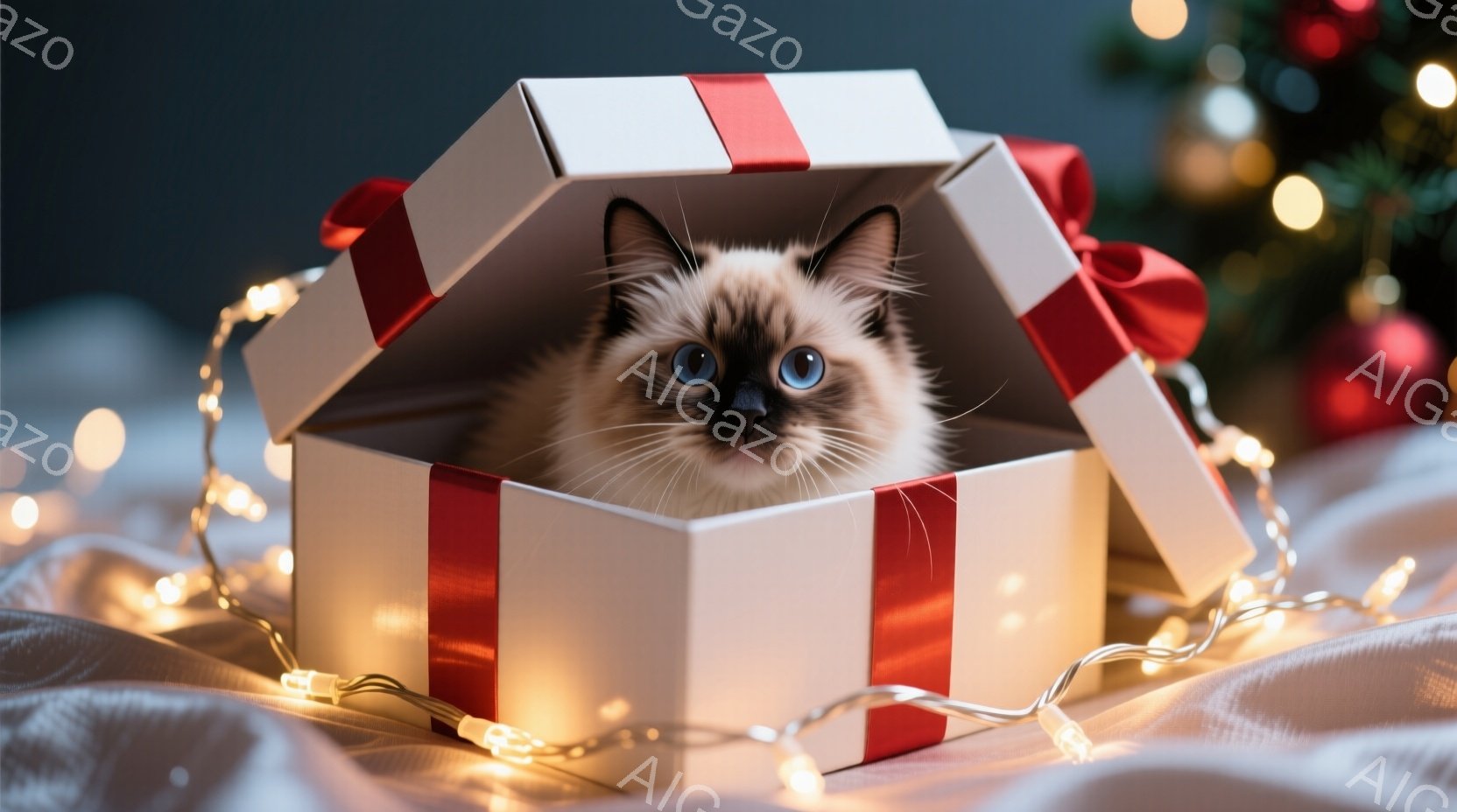 白いギフトボックスの中に、青い目をしたクリーム色のラグドール猫が座っています。猫は好奇心と少しの戸惑いが入り混じった表情で、カメラを見つめています。背景にはぼやけたクリスマスツリーと、温かい光を放つフェアリーライトが散りばめられ、お祝いムードを高めています。