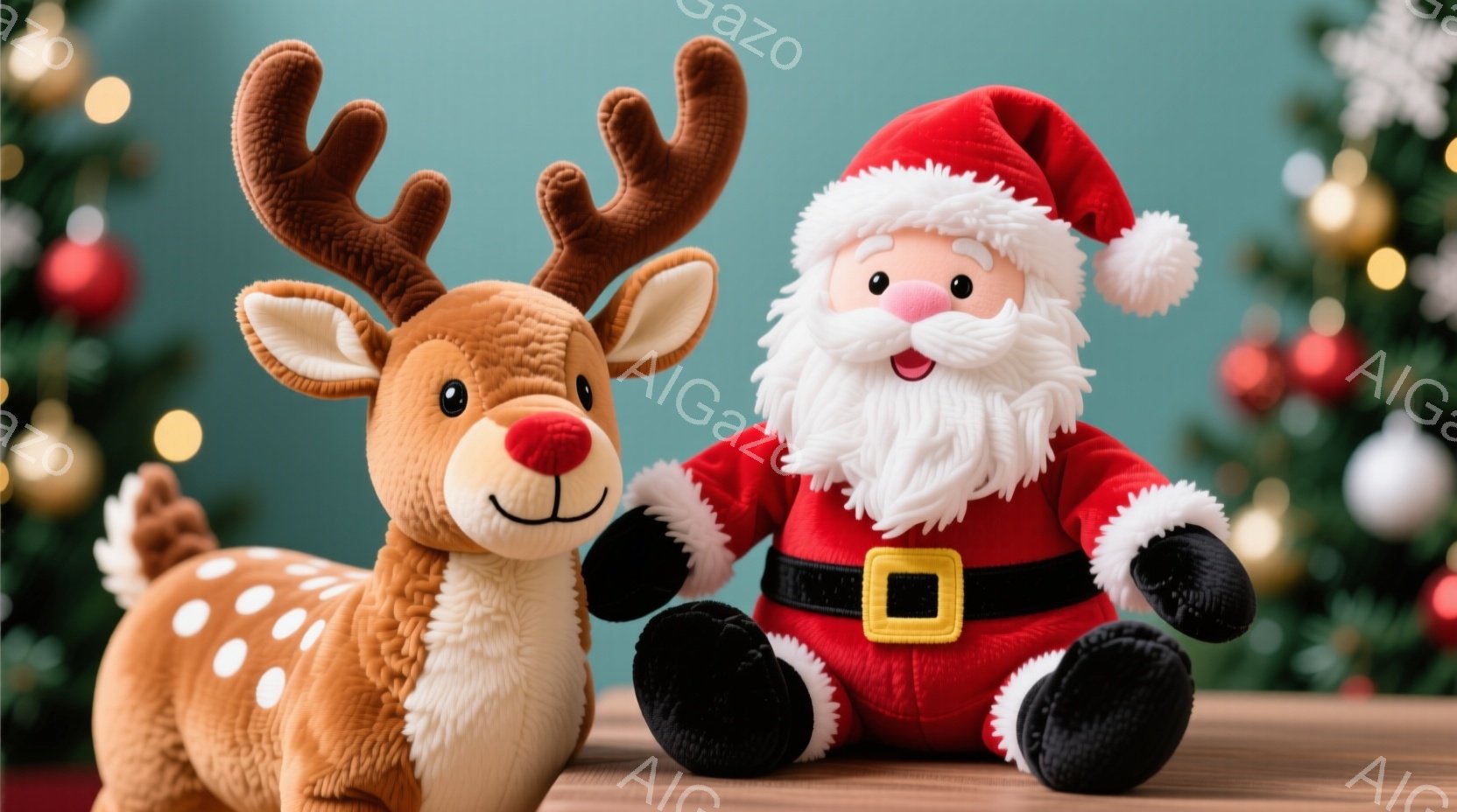 ぬいぐるみ2体が木製のテーブルの上に座っています。片方は茶色の斑点模様の体を持つトナカイで、もう片方は赤い衣装を着たサンタクロースです。背景には、装飾されたクリスマスツリーとぼやけた光があり、暖かくお - AI生成フリー素材