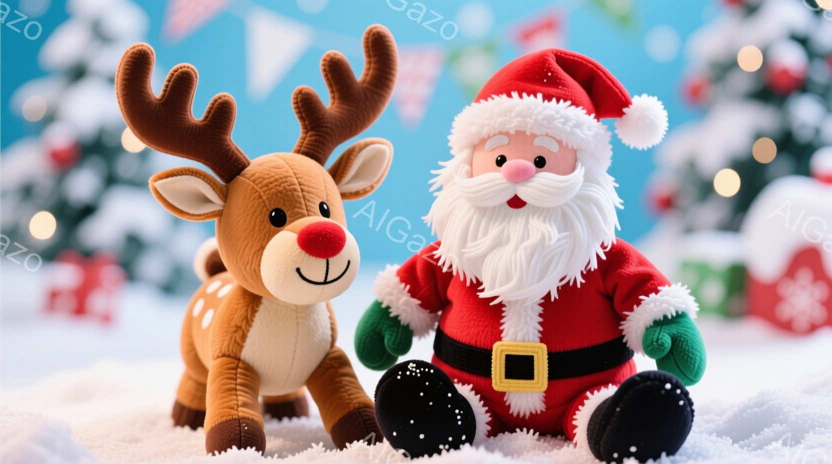 ふわふわのトナカイとサンタクロースのぬいぐるみは、白い雪の上に座っています。サンタクロースは赤い衣装に黒いブーツを履き、白いひげと優しい笑顔を浮かべています。背景にはぼやけたクリスマスツリーとキラキラ - AI生成フリー素材