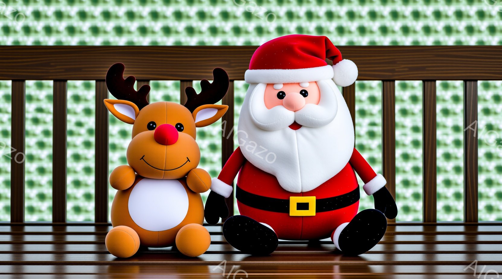 ぬいぐるみであるトナカイとサンタクロースが、木製の柵の前に並んで座っています。サンタクロースは赤い帽子と服を着て、白いひげを蓄え、笑顔を見せています。背景には緑色の水玉模様の布があり、クリスマスの温かく楽しい雰囲気を醸し出しています。
