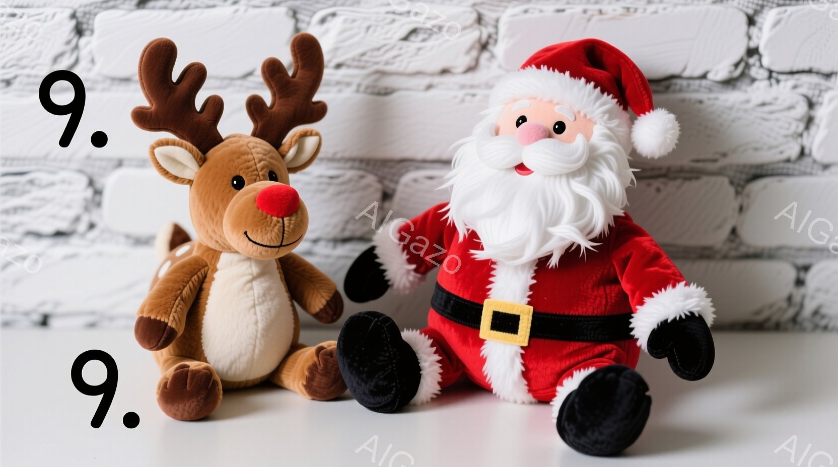 ぬいぐるみのトナカイとサンタクロースが並んで座っています。トナカイは茶色で、赤い鼻と角があり、サンタクロースは赤い服を着て白いひげを生やしており、どちらも優しい表情をしています。背景は白いレンガの壁で、お祝いの雰囲気を醸し出しています。