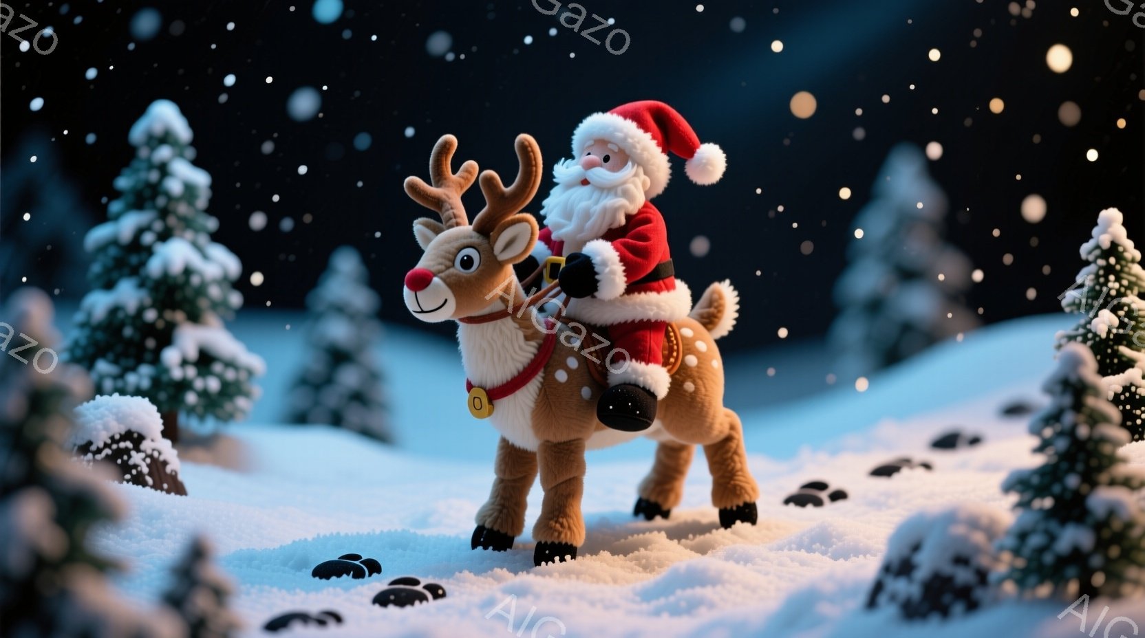 雪景色の中に、サンタクロースがトナカイに乗って描かれています。サンタクロースは赤い衣装に白い髭と髪を持ち、陽気な表情でトナカイにまたがっています。背景には雪に覆われた木々が並び、雪が舞い散る冬の夜の温 - AI生成フリー素材