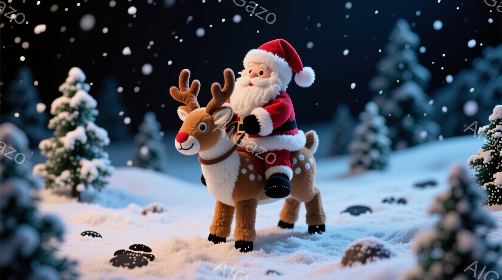 サンタクロースは赤い衣装を身に着け、白いひげを蓄え、楽しそうな表情でトナカイに乗っています。トナカイは茶色い体毛で覆われ、鼻は赤く光り、力強く雪の中を歩いています。背景には雪に覆われた木々が立ち並び、 - AI生成フリー素材
