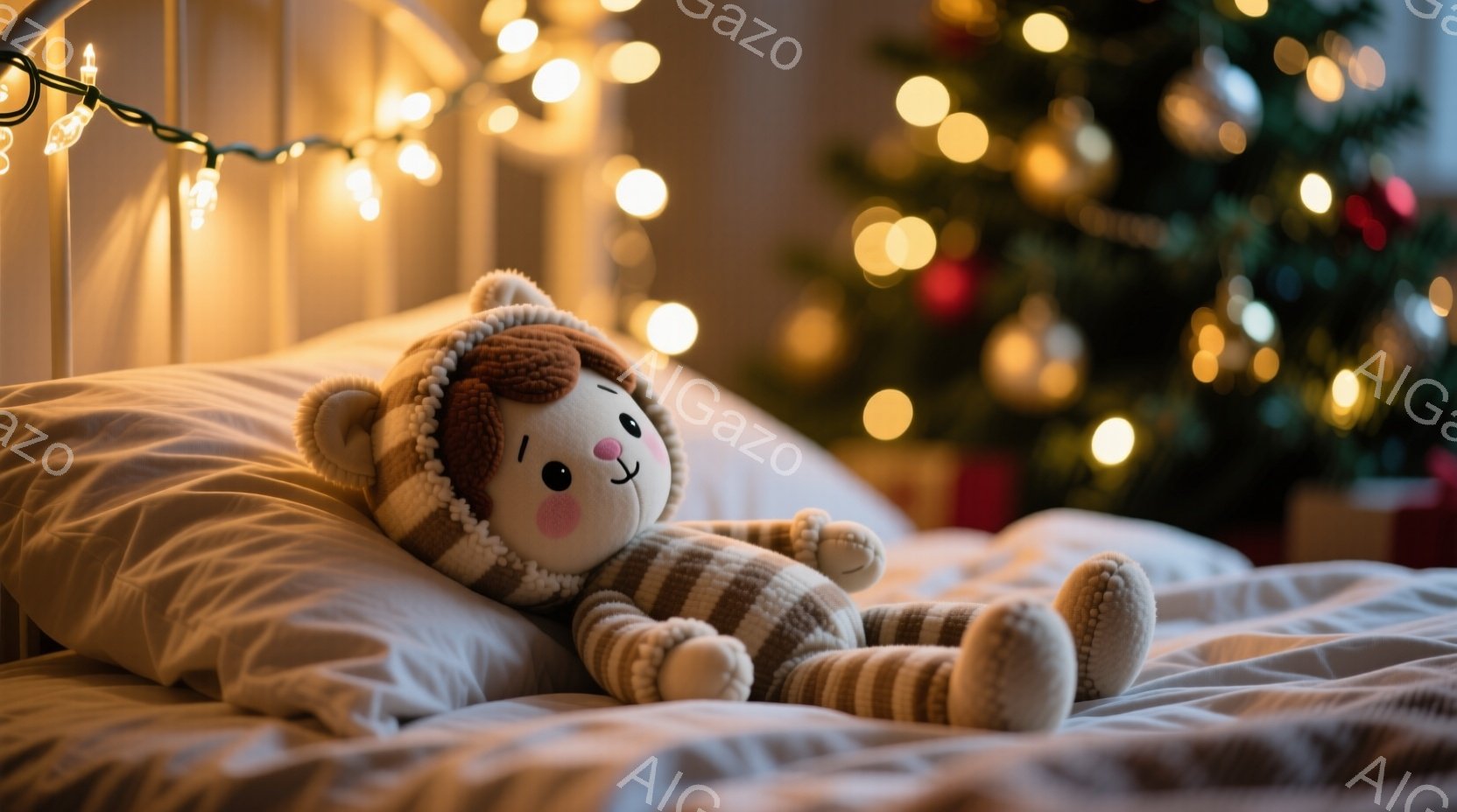 柔らかいクリーム色のベッドの上に、縞模様の服を着たテディベアが横たわっています。ベアは片手を頭の上に置き、リラックスした表情で、背景にはぼやけたクリスマスツリーと暖かい光のストリングライトが見えます。 全体的に、心地よく、居心地の良い、クリスマスの雰囲気が漂う穏やかなシーンです。