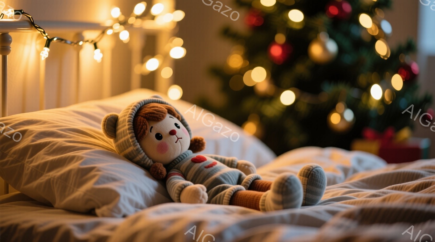 白いベッドに横たわるクマのぬいぐるみは、青灰色のセーターとオレンジ色のフード付きのオーバーオールを着ています。その表情は穏やかで、リラックスした姿勢でベッドに寄りかかっています。背景にはぼやけたクリスマスツリーの光が輝き、温かく居心地の良い雰囲気を醸し出しています。