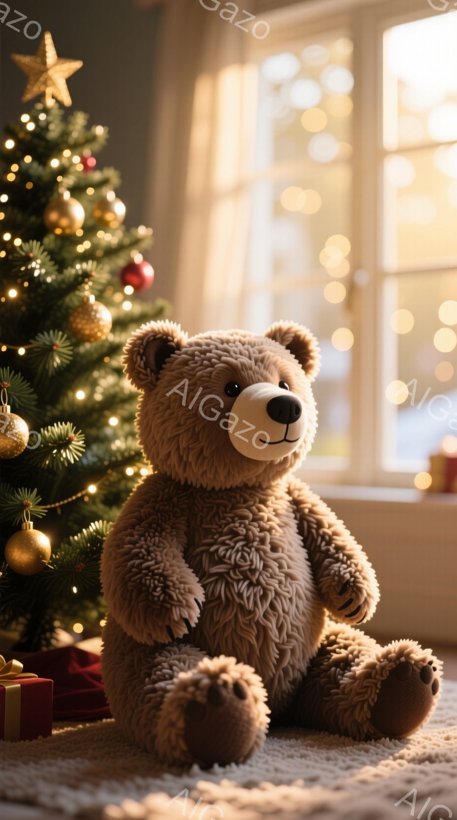暖炉のそばに座っている茶色のテディベアが写っています。背景には、飾り付けられたクリスマスツリーとぼやけた窓が見え、全体的に温かく、お祝いの雰囲気が漂っています。テディベアは柔らかい毛並みで、まるで温か - AI生成フリー素材