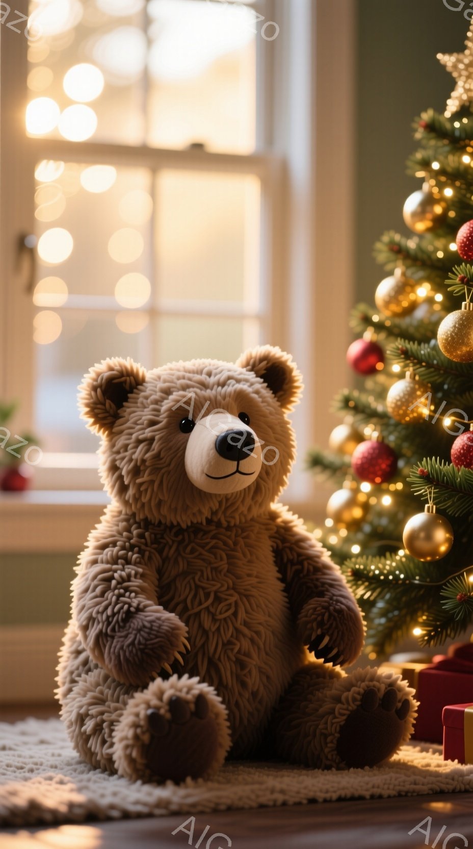 暖炉のある部屋で、ふわふわの茶色のテディベアが座っています。背景にはクリスマスツリーが飾られ、金色のオーナメントと赤いボールが輝いています。全体的に暖かく、クリスマスの雰囲気を感じさせる穏やかな光景で - AI生成フリー素材