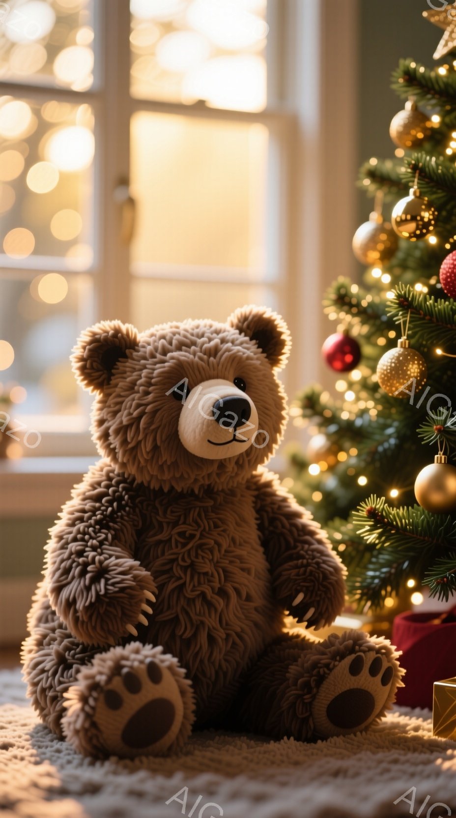 暖炉のそばに座っているふわふわのテディベアが写っています。ベアは茶色の毛並みで、大きな足の裏が見えます。背景には、飾り付けられたクリスマスツリーと、ぼやけた暖炉の光が暖かく、穏やかな雰囲気を作り出しています。