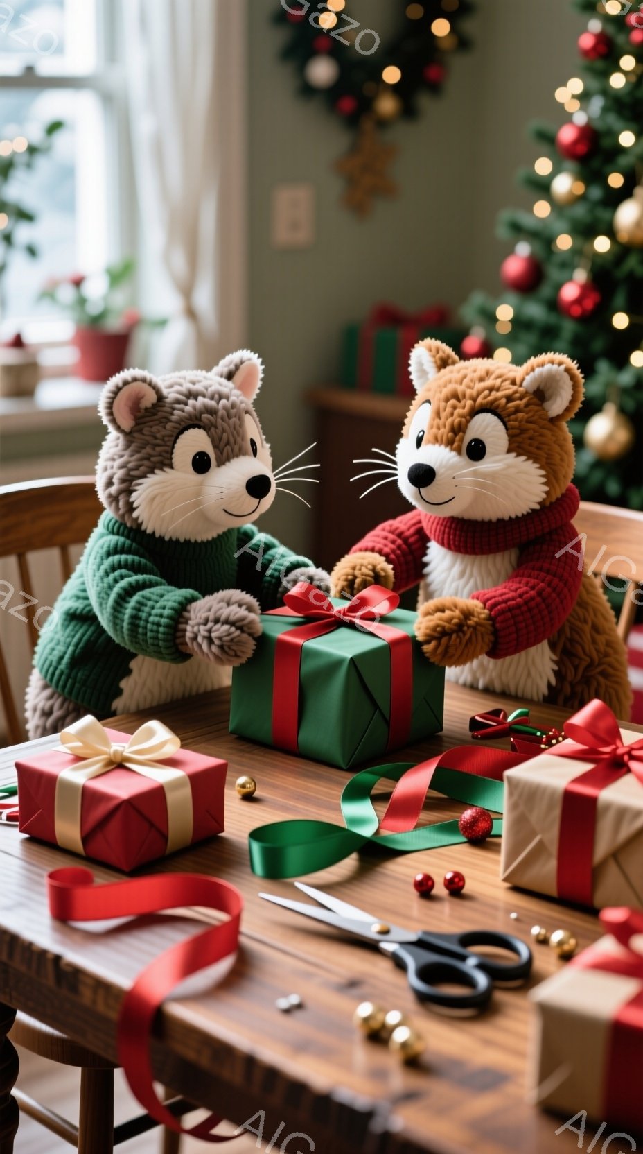 温かい光に包まれた室内で、緑と茶色の可愛らしい動物のぬいぐるみがプレゼントのラッピングをしています。緑のセーターを着た灰色の動物と、赤いセーターを着た茶色の動物は、赤いリボンや緑のリボン、ハサミ、金色の飾りなどが置かれた木製のテーブルを囲み、真剣な表情でプレゼントにリボンを結んでいます。背景にはクリスマスツリーが飾られ、暖かく幸せなクリスマスの雰囲気が漂っています。