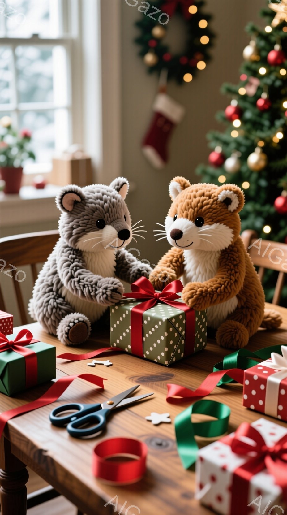 暖炉のそばの木製のテーブルの上に、2匹のふわふわした動物のぬいぐるみ（一匹は灰色、もう一匹は茶色）が、緑色の水玉模様のリボンで結ばれたプレゼントの箱を見つめています。テーブルの上には、赤いリボン、ハサミ、その他の包装紙が散らばっており、クリスマスの飾り付けが行われている様子が伺えます。背景にはクリスマスツリーとストッキングがあり、温かく、お祝いムードに包まれた雰囲気です。