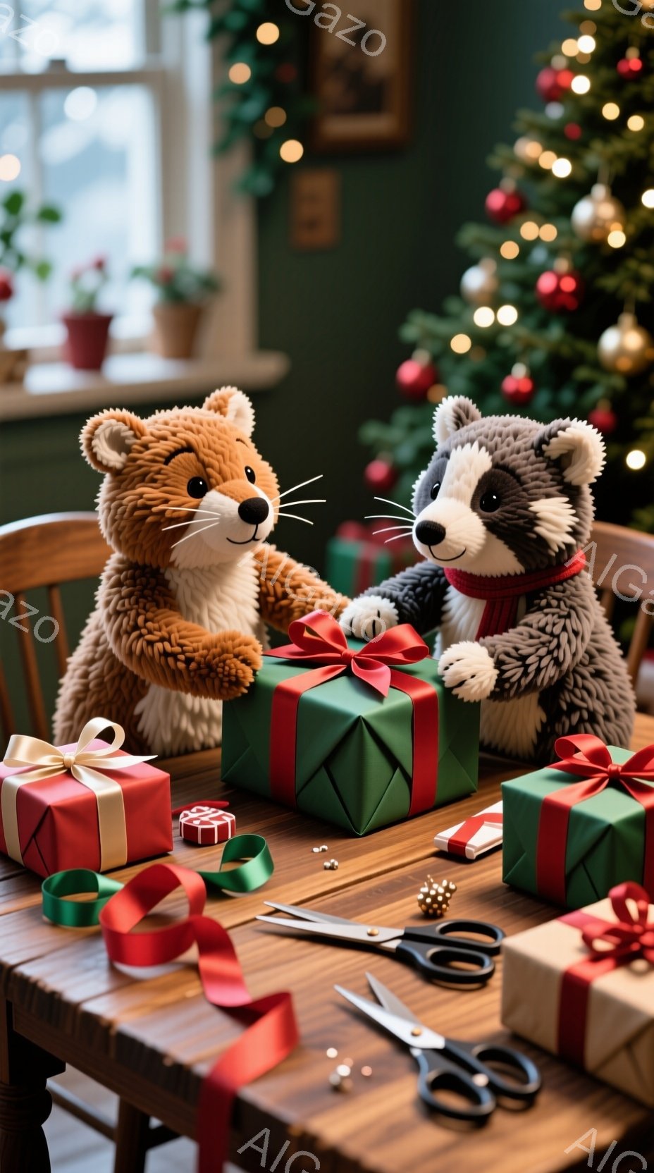 暖炉のある木のテーブルの上に、プレゼントのラッピングをする2匹の動物が描かれています。茶色のクマは赤いスカーフを着用し、黒いイタチは赤いマフラーを巻いており、プレゼントの緑色のリボンを結ぶ作業に集中しています。背景にはクリスマスツリーが飾られ、暖かくお祝いの雰囲気を感じさせます。