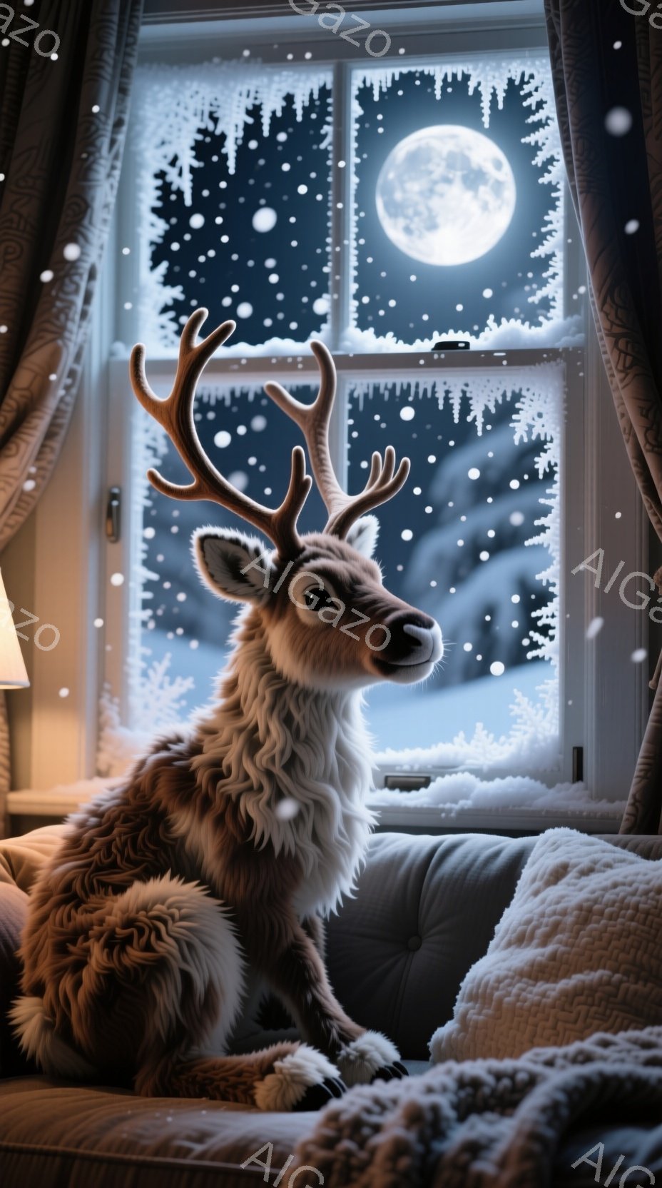 窓辺に置かれた、毛並みの美しいトナカイのぬいぐるみです。夜空には満月が輝き、雪が舞い散る冬の風景が広がっています。室内は暖炉の光で照らされ、落ち着いた雰囲気が漂っています。